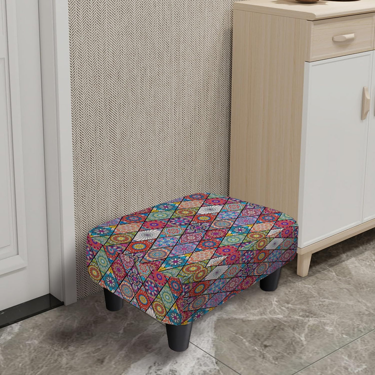 Colorful Small Foot Stool Ottoman, Boho Linen Mandala Footrest for Couch