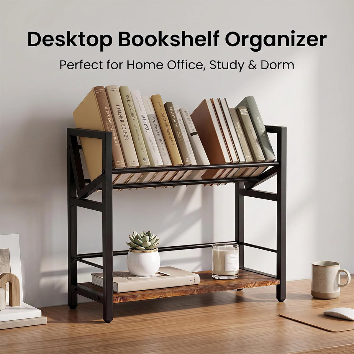 2-Tier Desktop Bookshelf, Office Desk Shelf Organizer, Slanted Book Rack