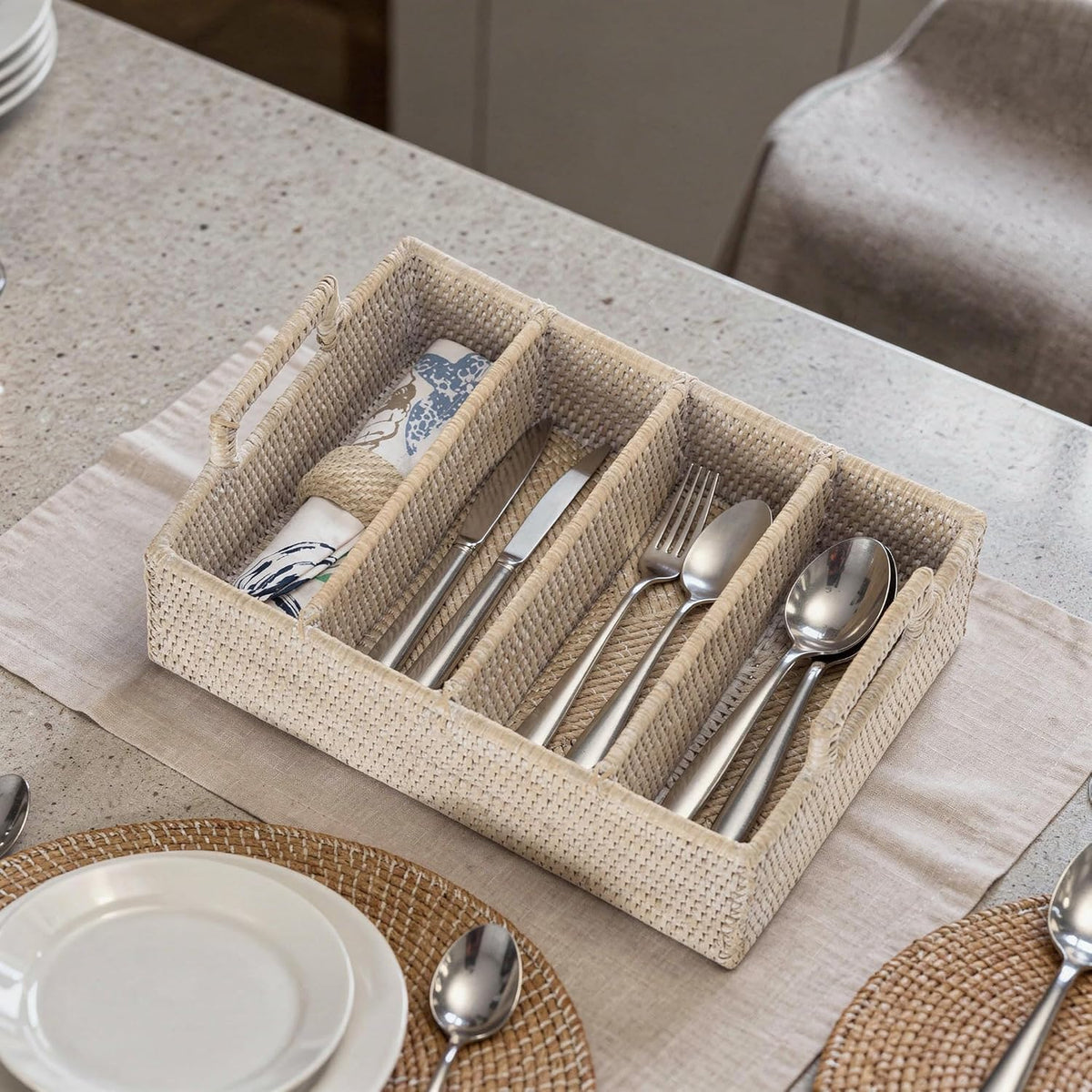 KOUBOO Lo Jolla Rattan Flatware Tray, White Wash