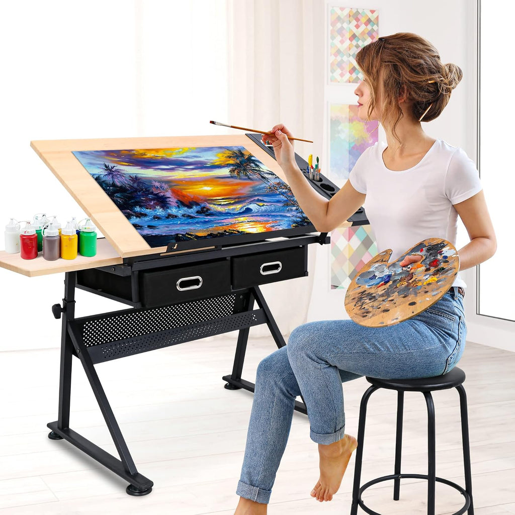Adjustable Height Drafting Desk Drawing Table Tiltable Tabletop for Reading, Writing Art Craft w/Stool and Drawers