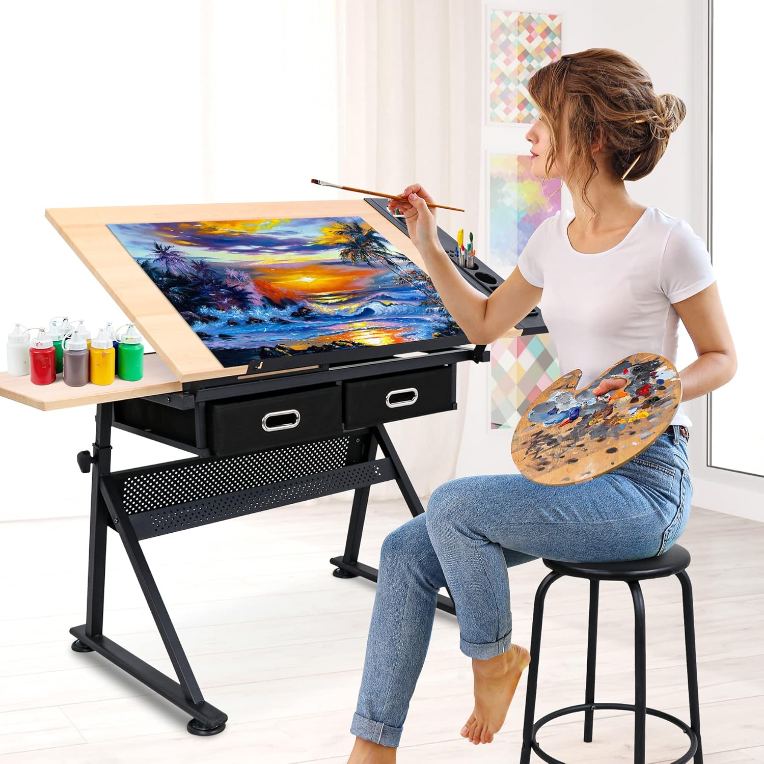 Adjustable Height Drafting Desk Drawing Table Tiltable Tabletop for Reading, Writing Art Craft w/Stool and Drawers