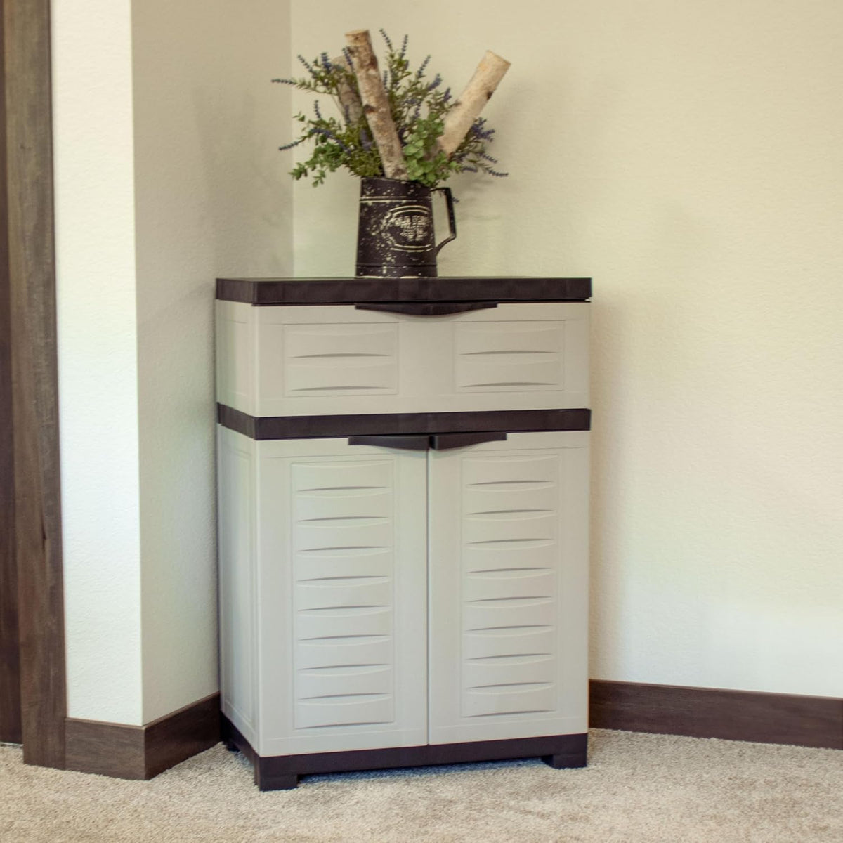 sunnydaze 34.5" garage storage cabinet with adjustable shelf, front angle view