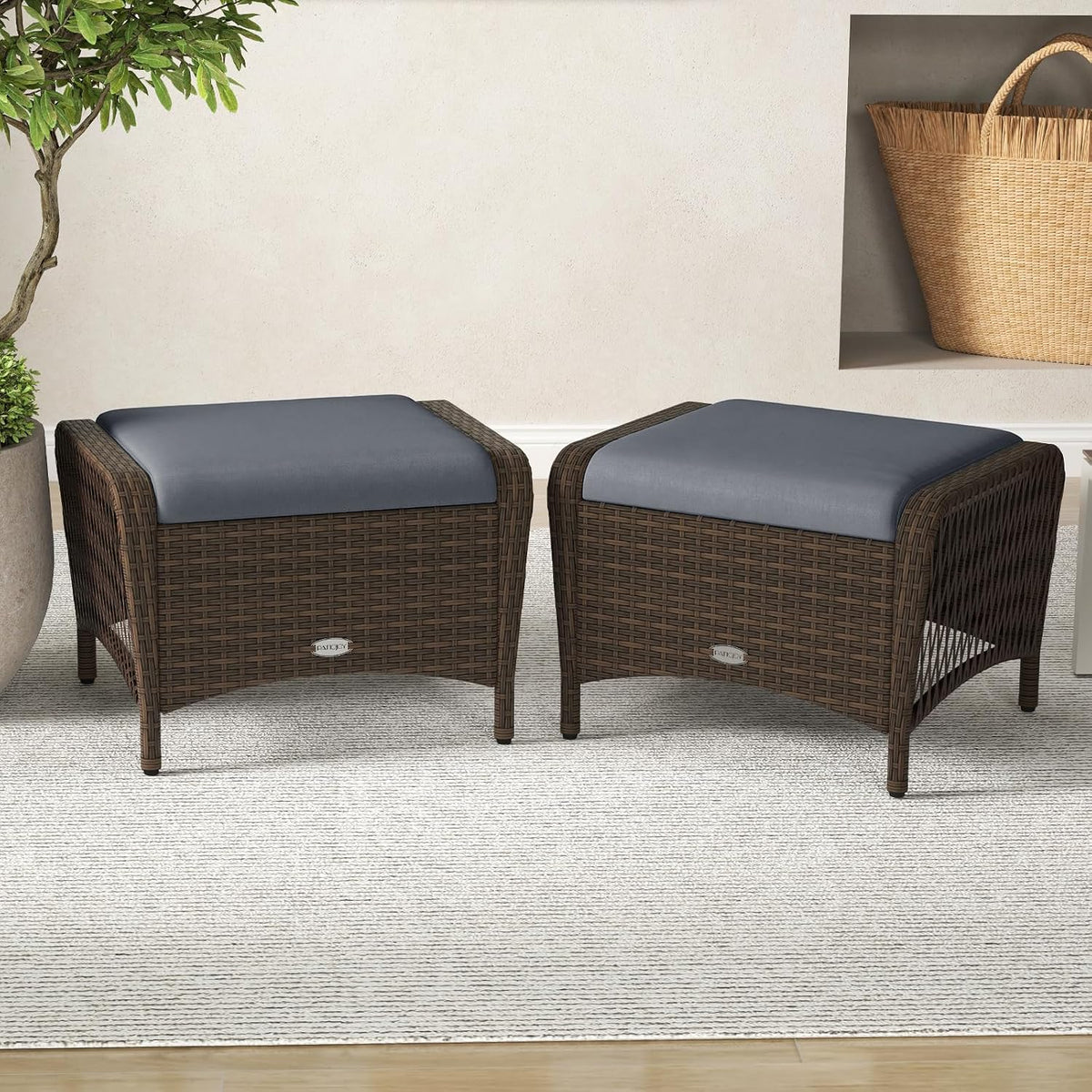 Tangkula 2 Pieces Patio PE Wicker Ottomans (Grey, 17 inch)