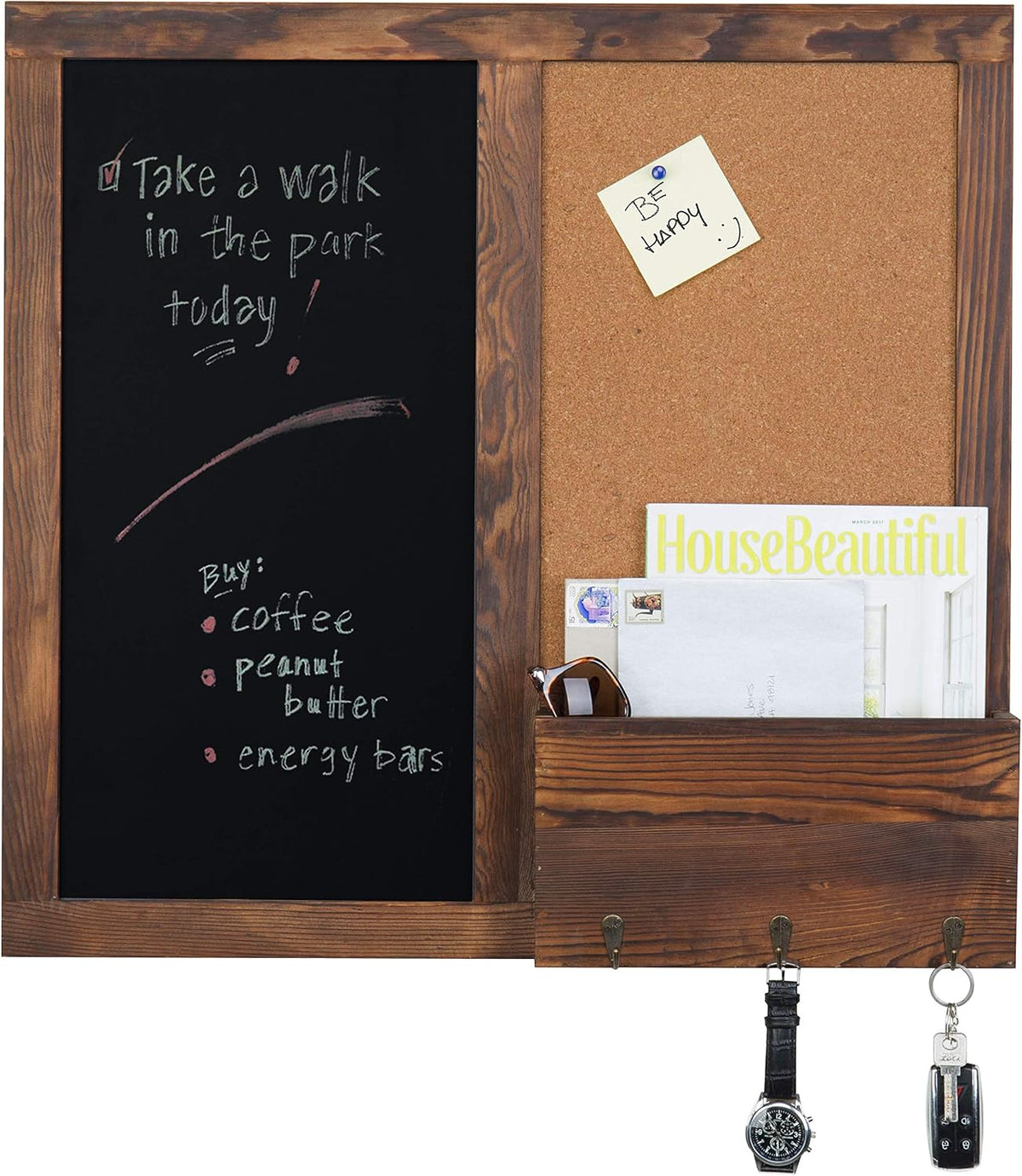 MyGift Rustic Dark Brown Wood Wall-Mounted Chalkboard with Cork Board, Mail S...