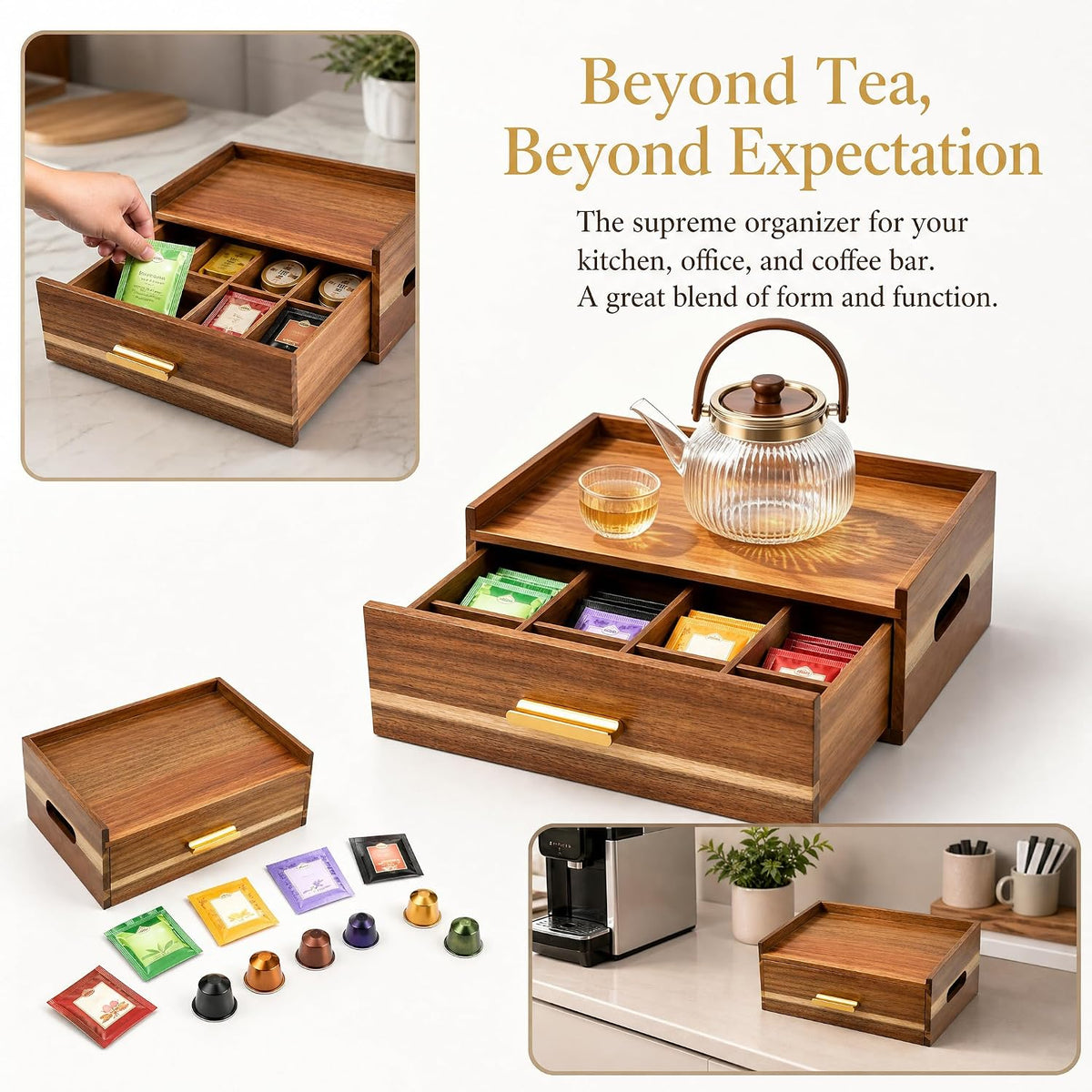 Acacia Wood Tea Bag Organizer 8 Compartment Storage Box & Organizer with ...
