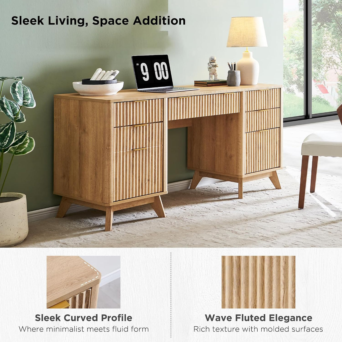 T4TREAM 60-Inch Modern Fluted Executive Desk with Drawers, Natural Oak