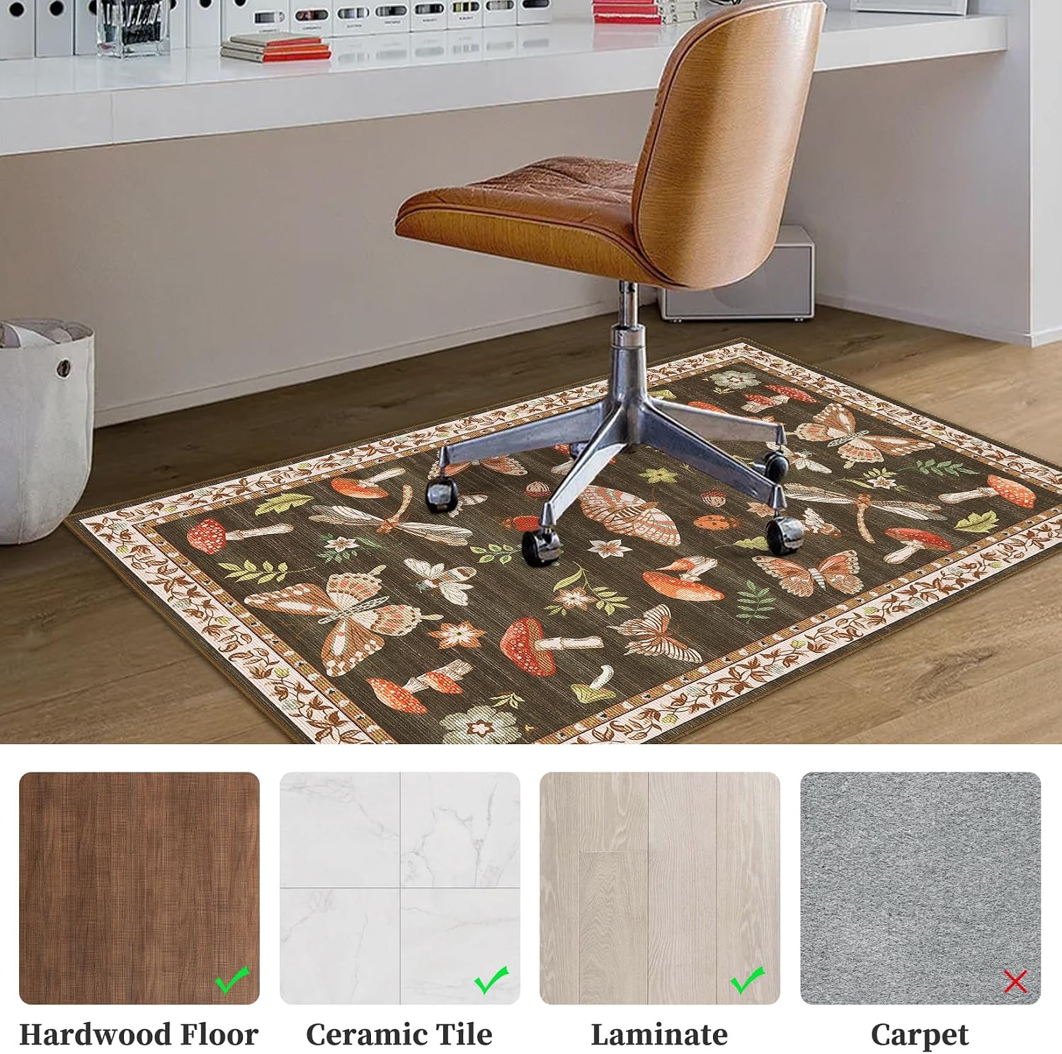 Office Chair Mat for Hardwood Floor,Mushroom 48"x60" Computer Chair Mat for Rolling Chairs Carpet,Under Desk Non Slip Gaming Rug,Low-Pile Rubber Backing Large Protector Mat (Brown)