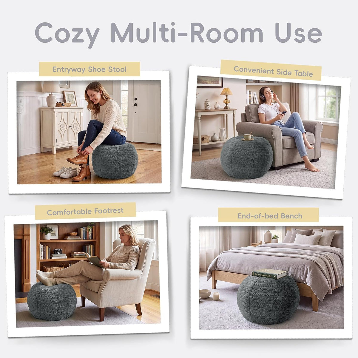 Hobestluk Stuffed Pouf Ottoman Footrest,Round Footstool,Handle,Small,Grey