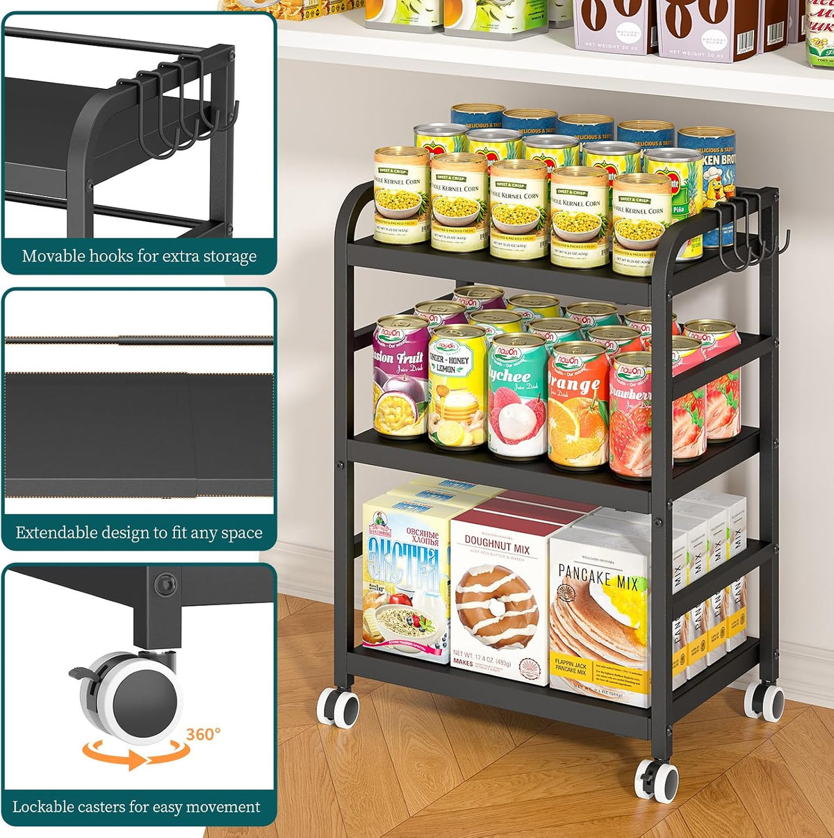 DAOUTIME 3-Tier Expandable Rolling Cart, Pantry Storage Cart with Wheels, Adj...