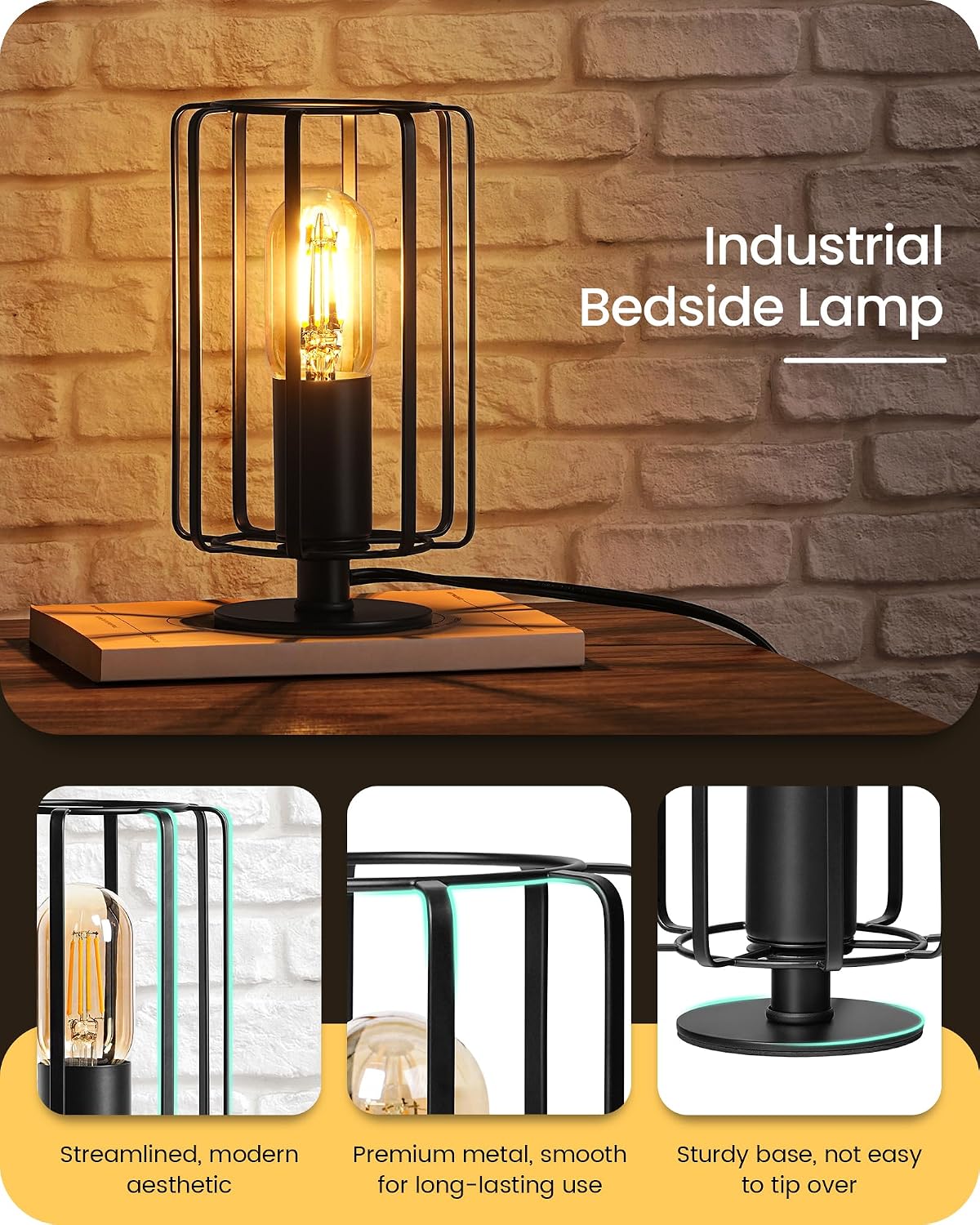 Industrial Table Lamp Set of 2, Small Bedside Lamp with Dimmable 2400K Warm L...