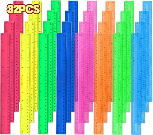 12 Inch Plastic Rulers, 32 Pack Assorted Colors Transparent Ruler Bulk by Unknown
