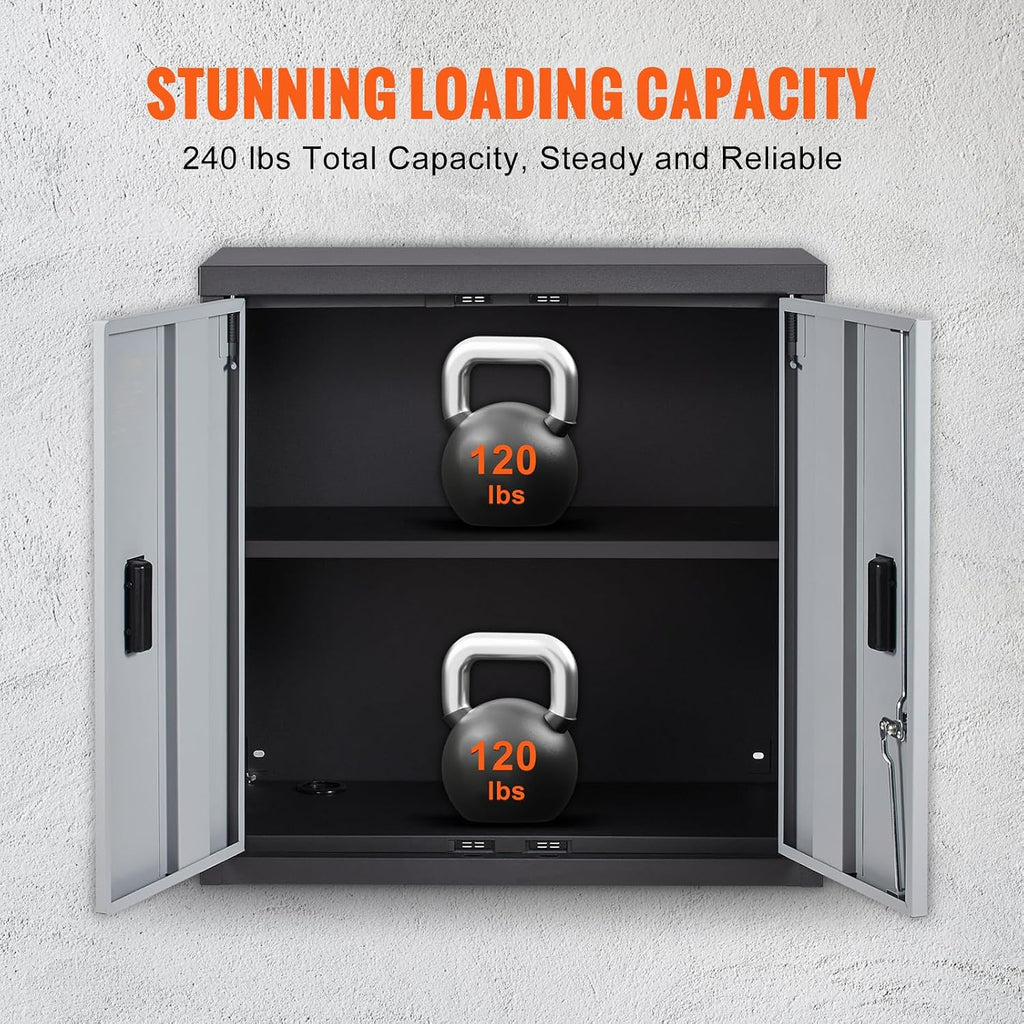 vevor foldable wall cabinet, metal garage locker mounted showing dimensions
