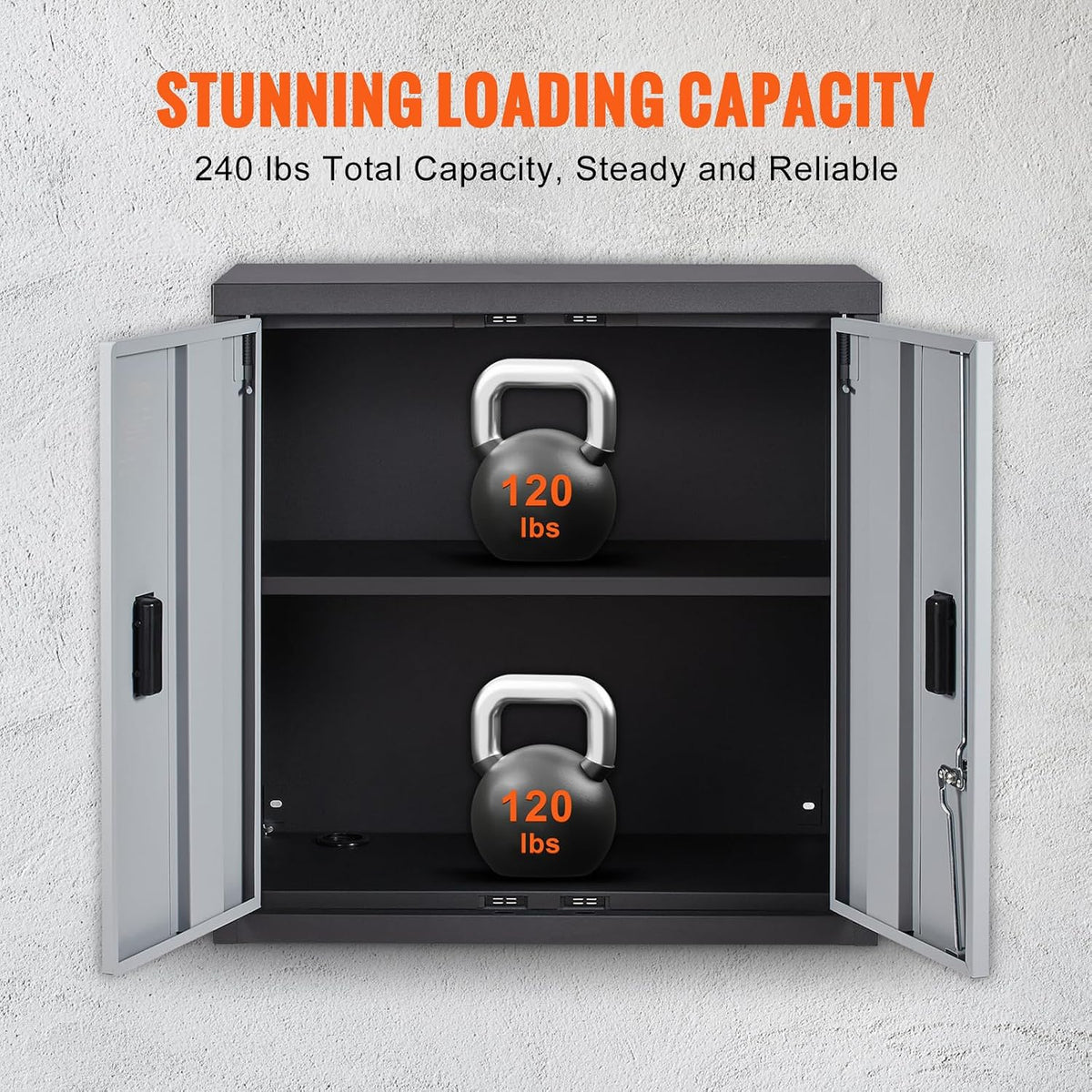 vevor foldable wall cabinet, metal garage locker mounted showing dimensions