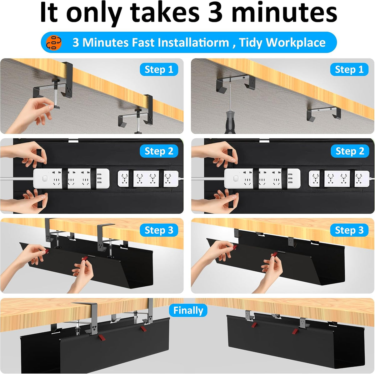 under desk cable management tray - under desk, side view