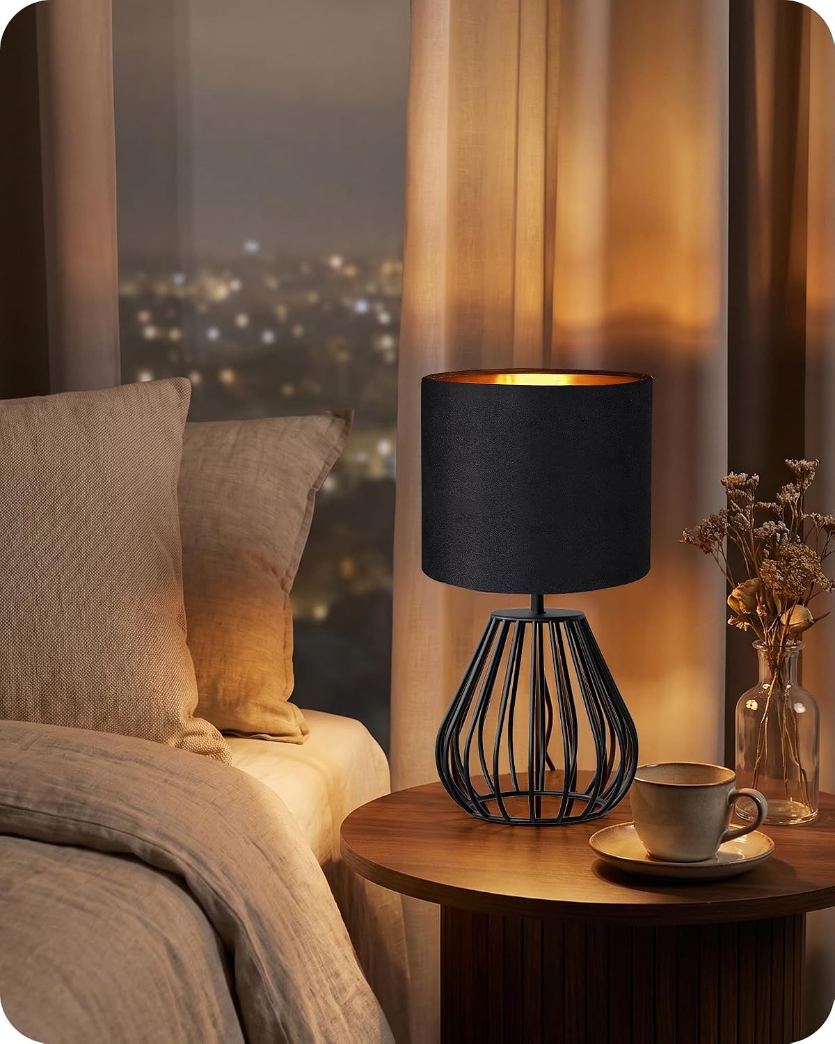 Black Table Lamp,12.6" Small Bedside Lamp, Velvet Lampshade