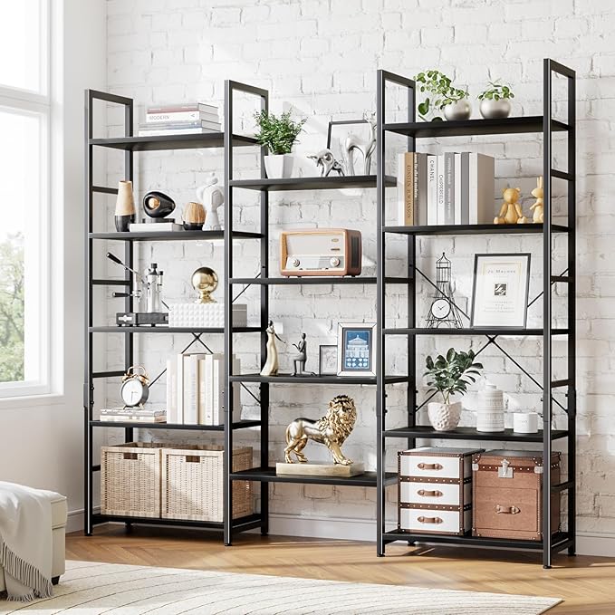 NUMENN Triple Wide 5 Tier Bookshelf, Rustic Industrial Style Bookcases and - Image 5