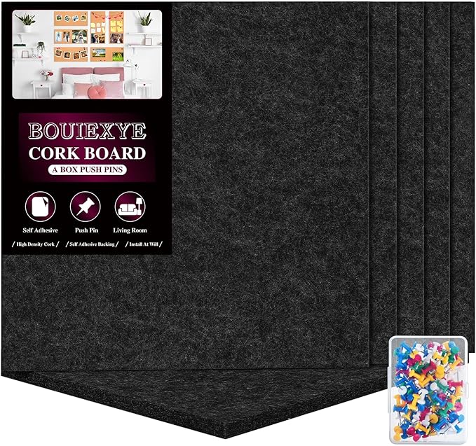 Bouiexye Felt Cork Board Tiles 6 Pack Black Bulletin Boards 12"x12" by LooksForwardtoSeeingYou