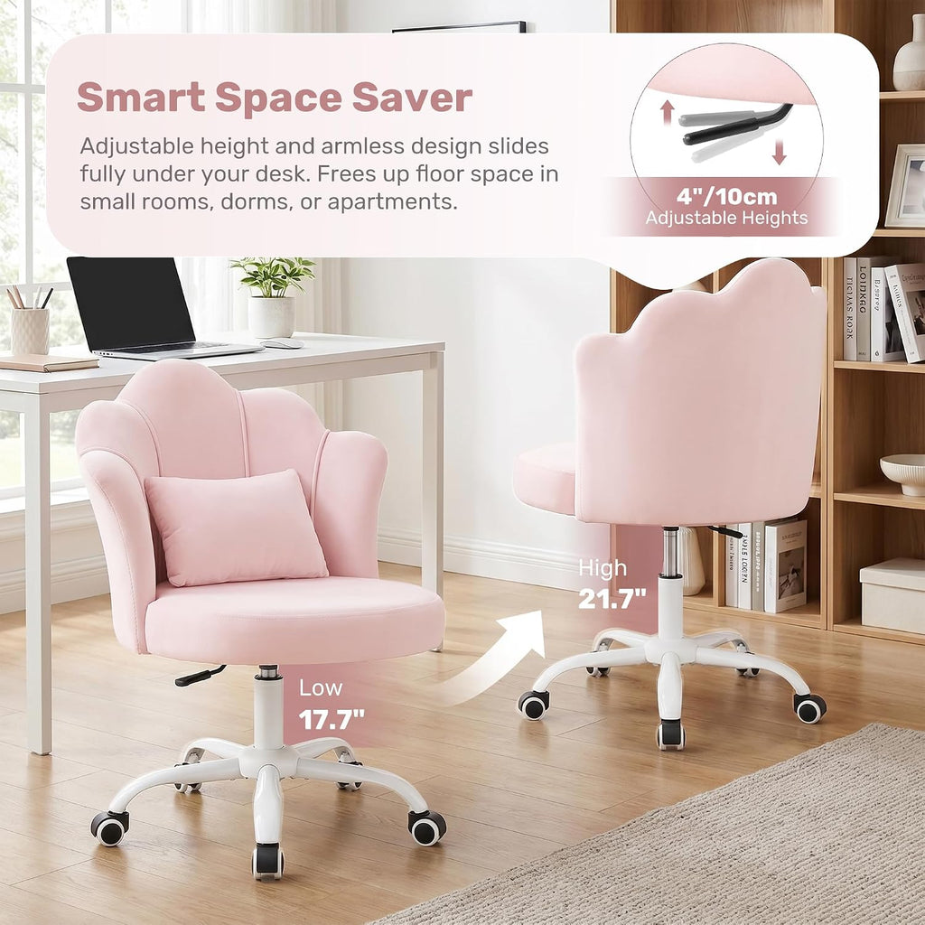 BestGlory Petal Vanity Chair with Wheels, 3.15" Extra Thick Comfy Makeup Chair, Adjustable Modern Swivel Armless Desk Chair for Girls Women, Aesthetic Small Office Chair for Bedroom Dorm, Pink