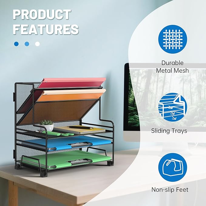 Desk File Organizer, 3-Tier Letter Tray Paper Organizer and 2-Pocket Metal - Image 4