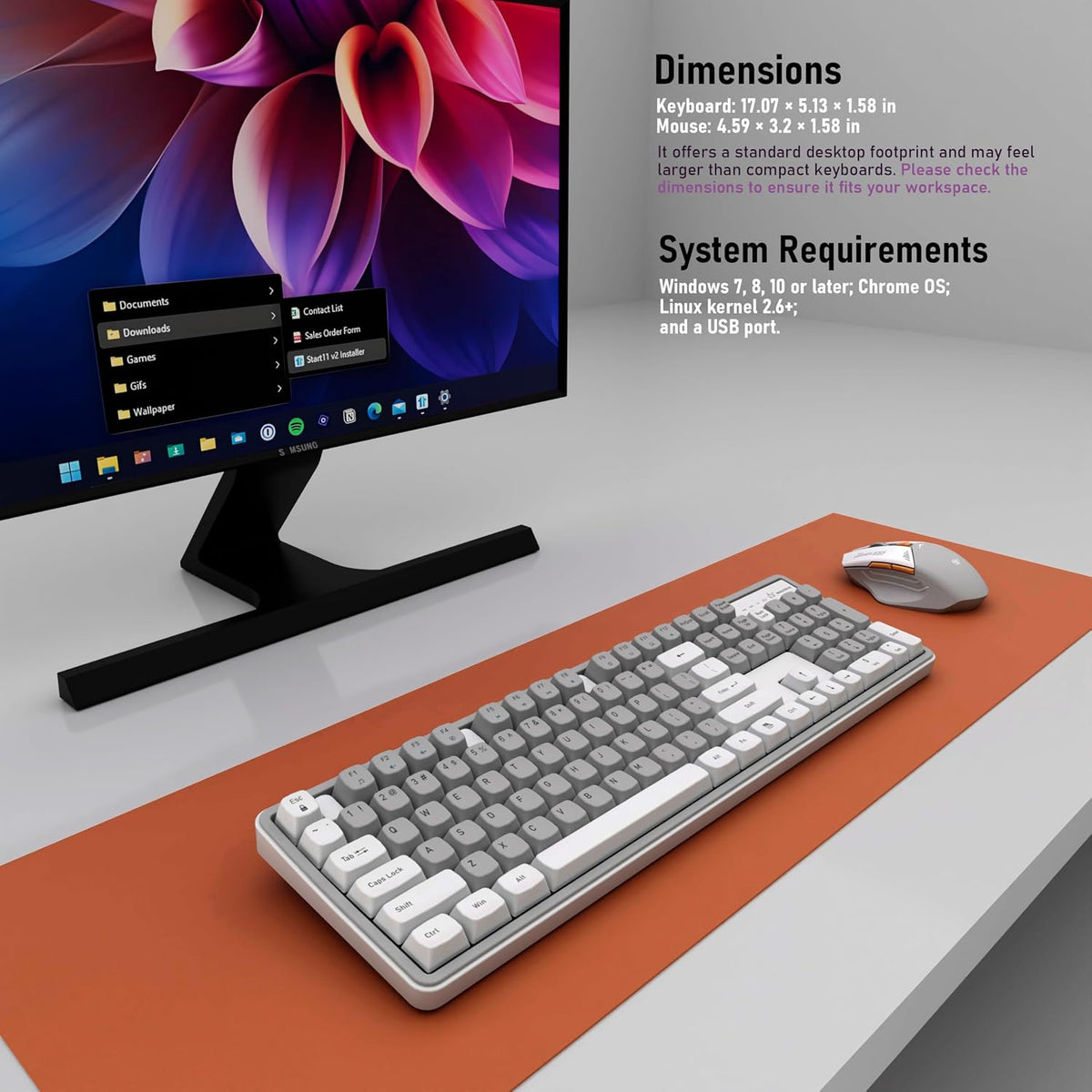 Rechargeable Wireless Keyboard and Mouse Combo, Full-Size - Gray-White