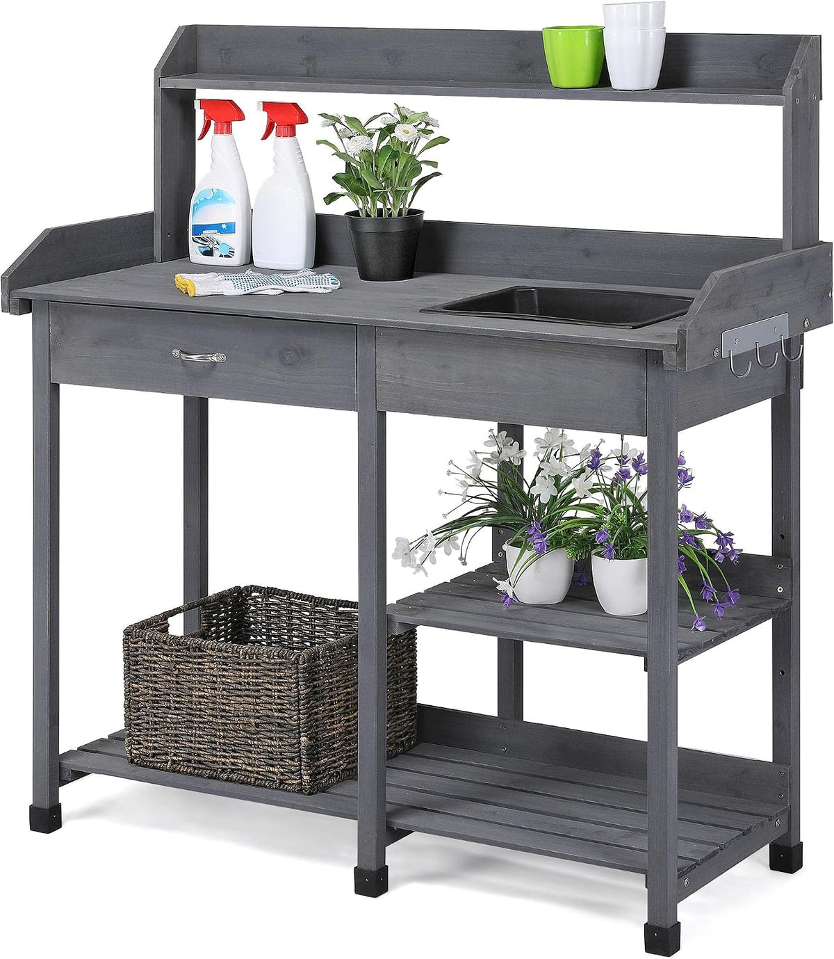 Yaheetech Potting Bench with Sink & Drawer, Outdoor Gardening Table, Gray