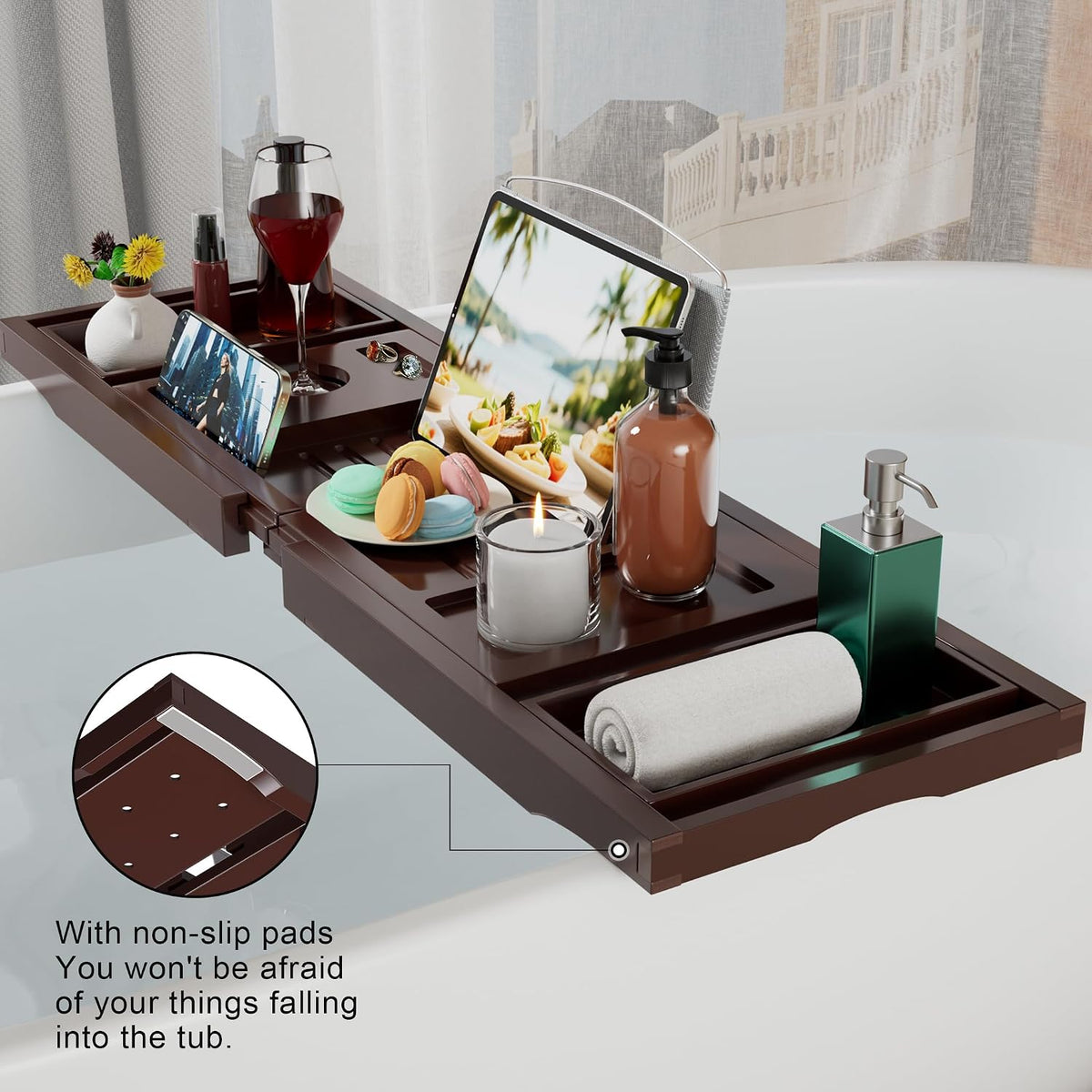 Bathtub Tray Caddy, Expandable Bamboo Bath Tray for Tub