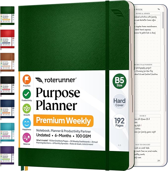 Roterunner Purpose Planner Notebook B5 7.5”x9.8” Undated 2026 Daily Weekly and by Roterunner