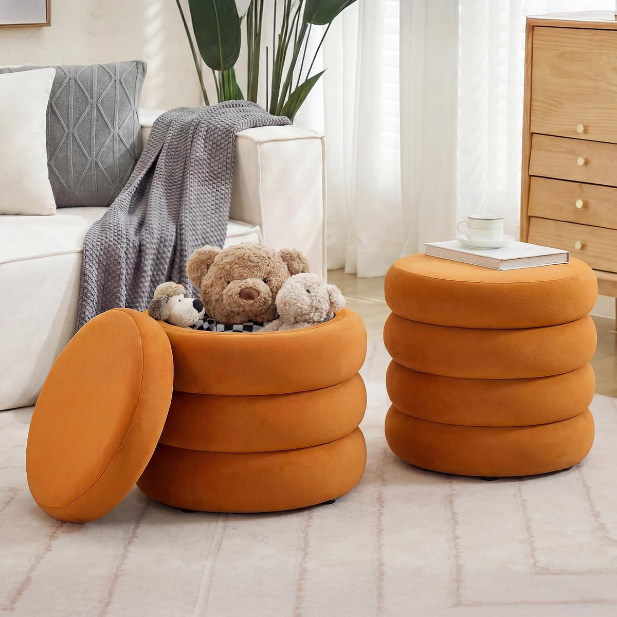 Round Velvet Storage Ottoman Set of 2, Tufted Vanity Stool for Dorm