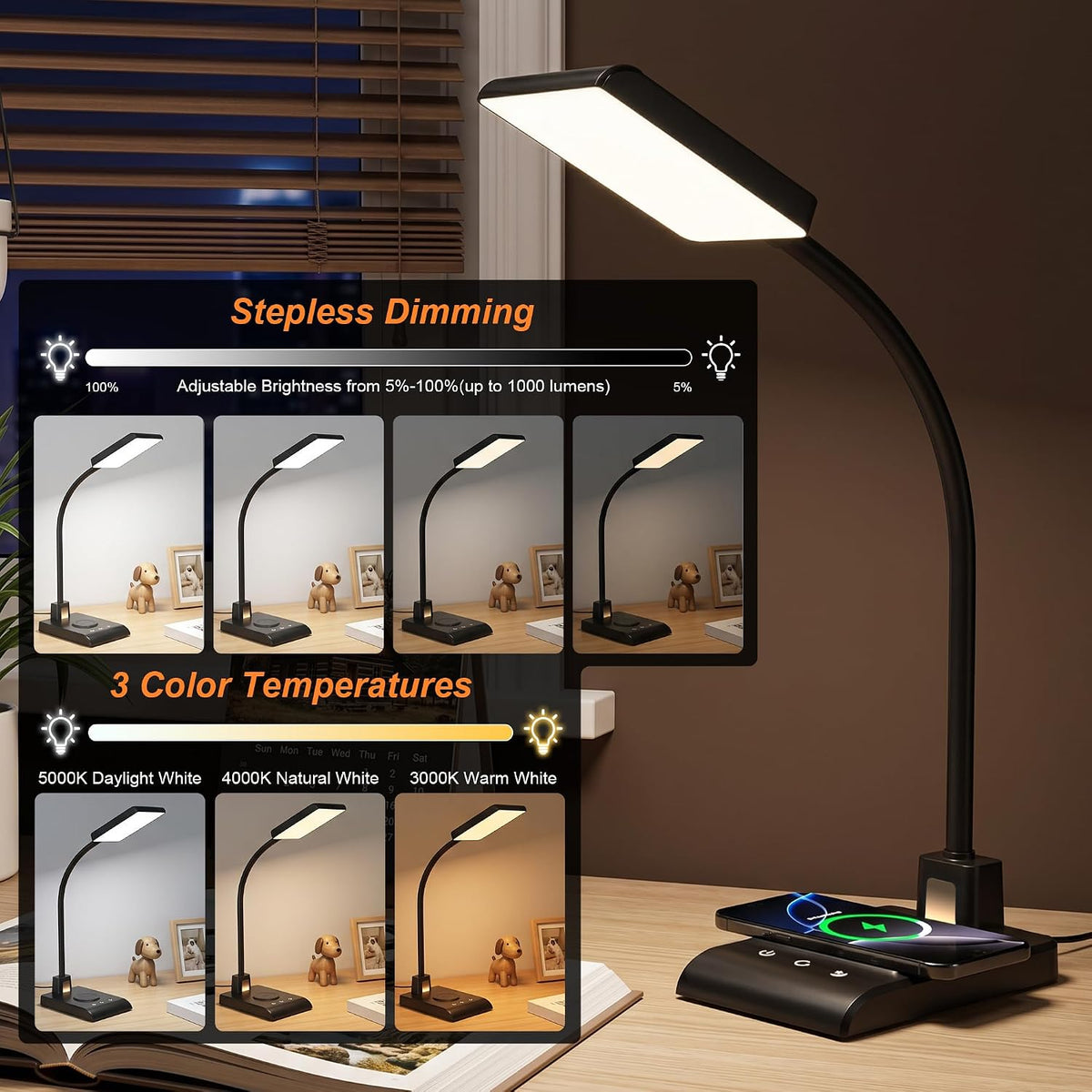 desk lamp with wireless charger, desk lamps for, side view