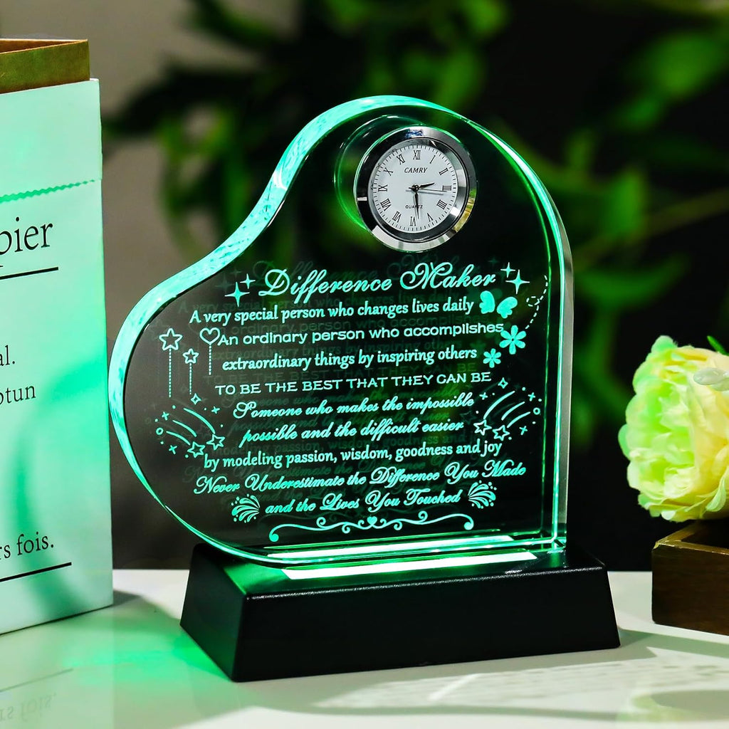 YWHL Difference Maker Gift with LED Base Thank You Gifts for Women Men Employee Mentor Teacher Boss Coworkers Retirement Appreciation Gifts Motivational Difference Maker Clock Plaque Sign Office Decor