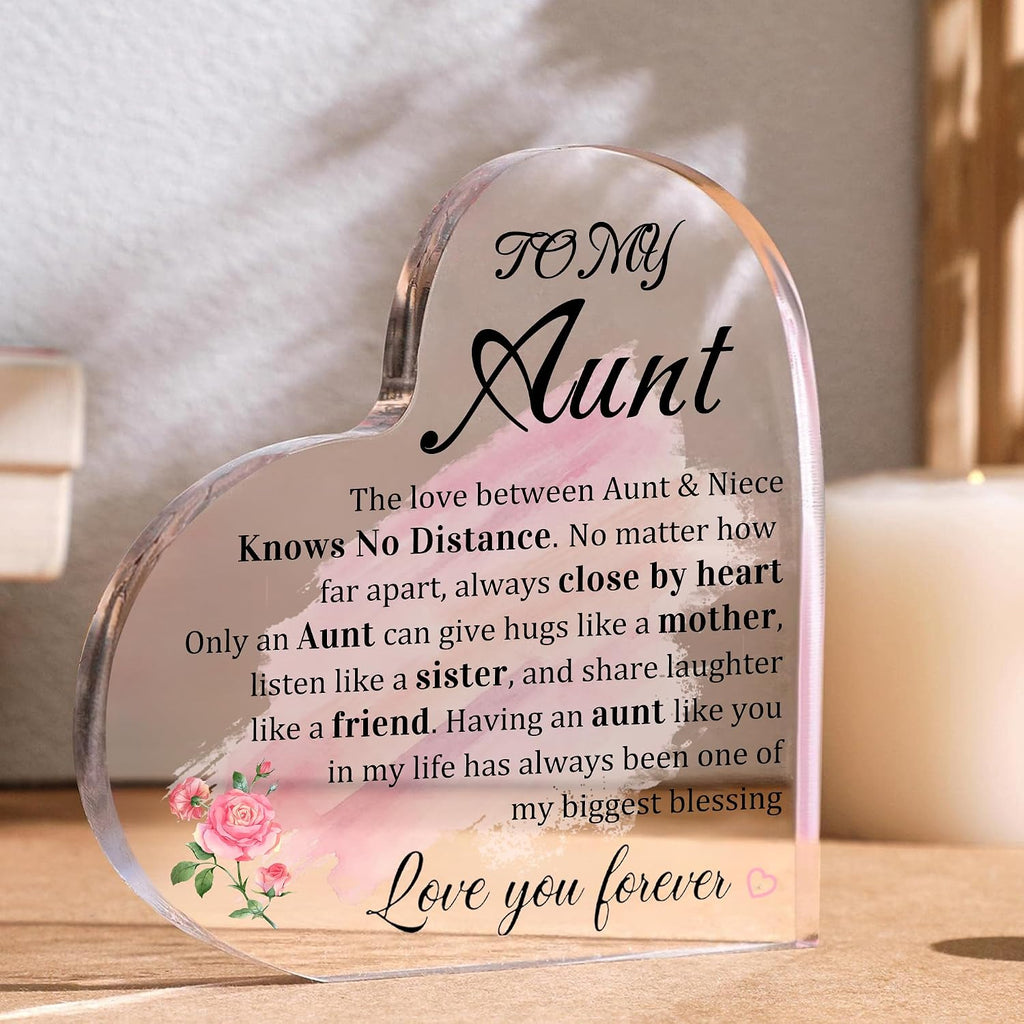 Aunt Gifts, Auntie Gift Ideas Heart Shaped Desk Sign Aunt Birthday Gifts From Niece Heart Acrylic Paperweight Birthday Gift 4×4 Inches