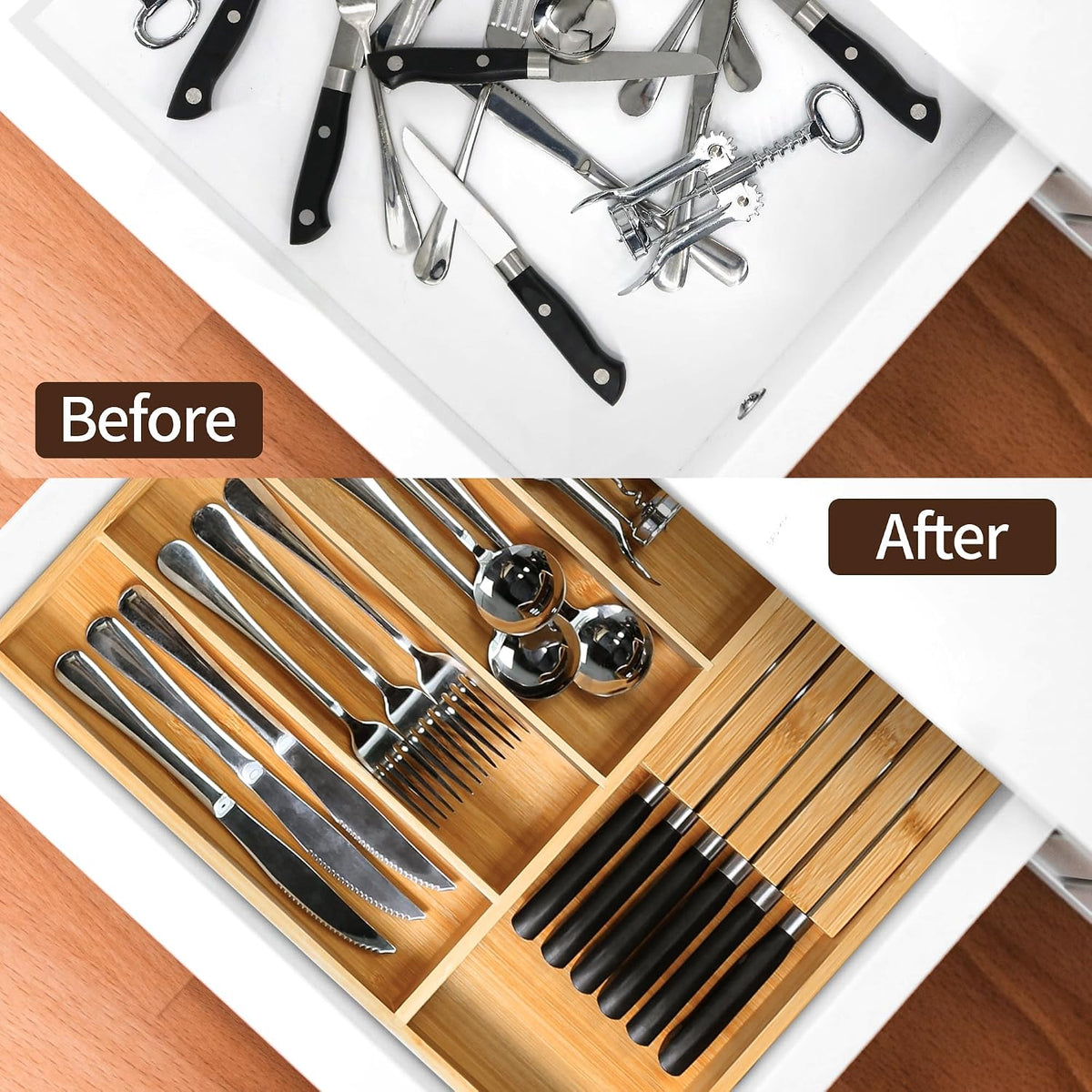 VaeFae Bamboo Silverware Drawer Organizer, 5 Slots, Natural