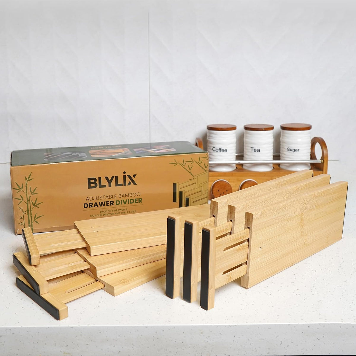 Bamboo Drawer Dividers 6 Pack with Non Slip Liner, Adjustable Expandable Draw...