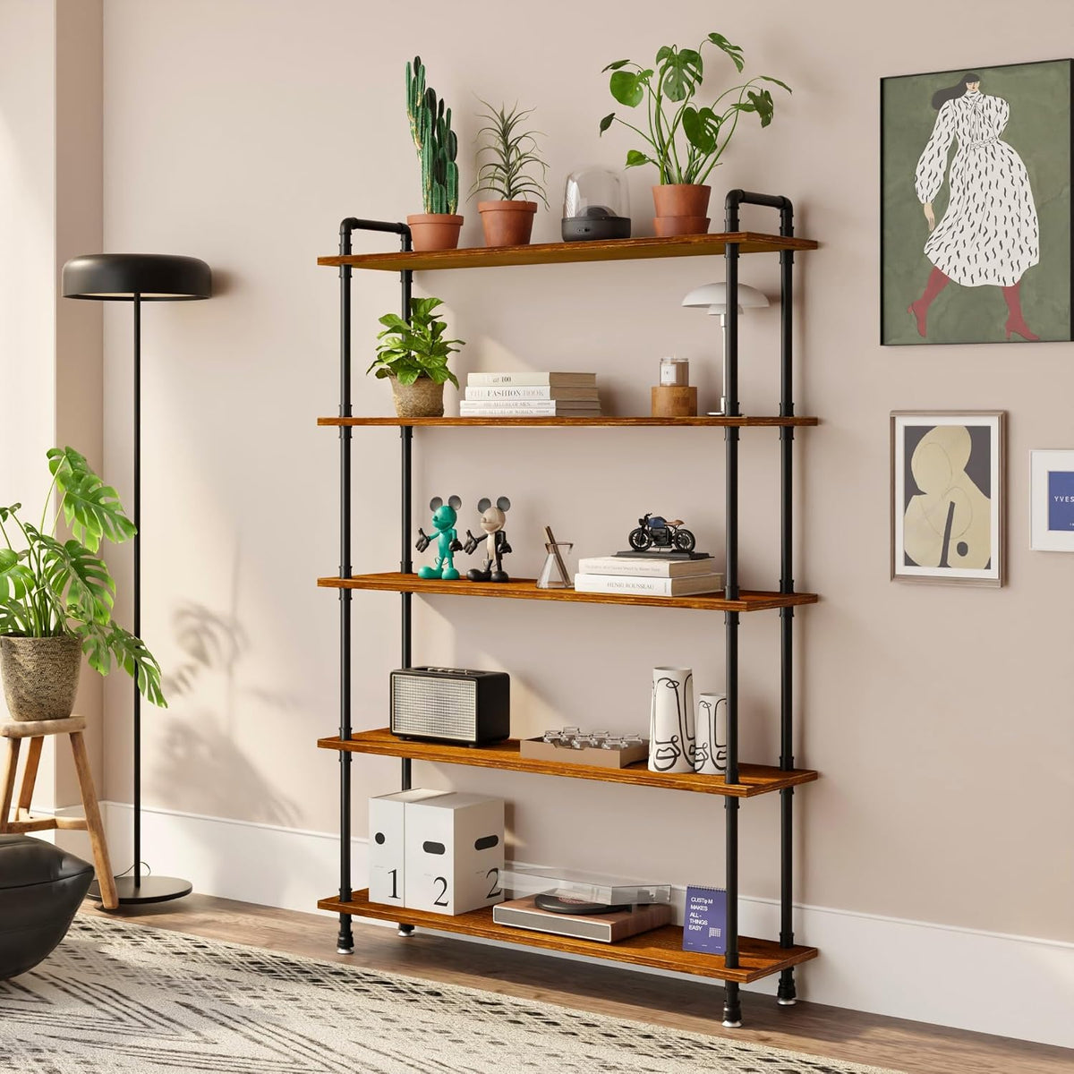 Industrial Bookshelf, Pipe Shelf Bookcase, 5 Tier, 48" Rustic Brown