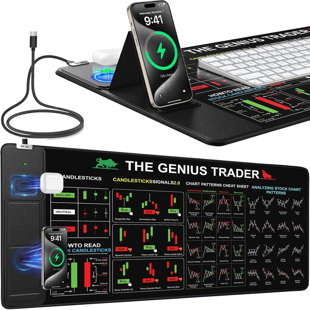 Mouse Pad for Stock Enthusiast, Wireless Charging Desk Pad