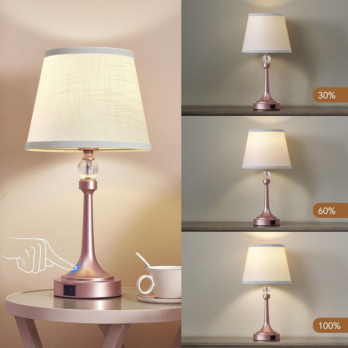 Touch Table Lamp Set of 2 with USB C+A Ports-19.7'' Rose Gold