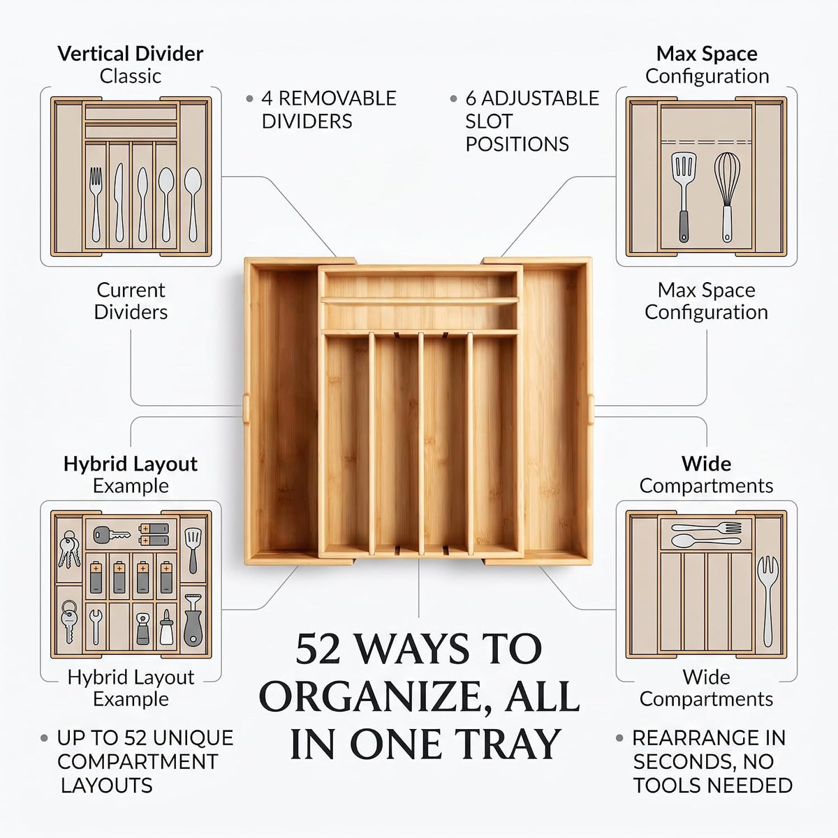Bamboo Kitchen Silverware Drawer Organizer (DIY Slot, Natural)