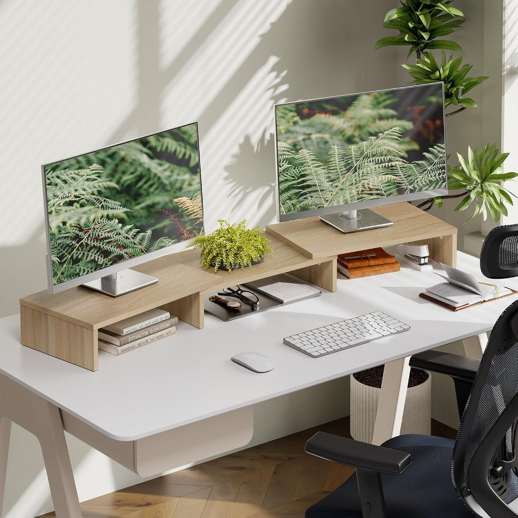 fitueyes dual monitor stand riser, adjustable length and on a desk or shelf