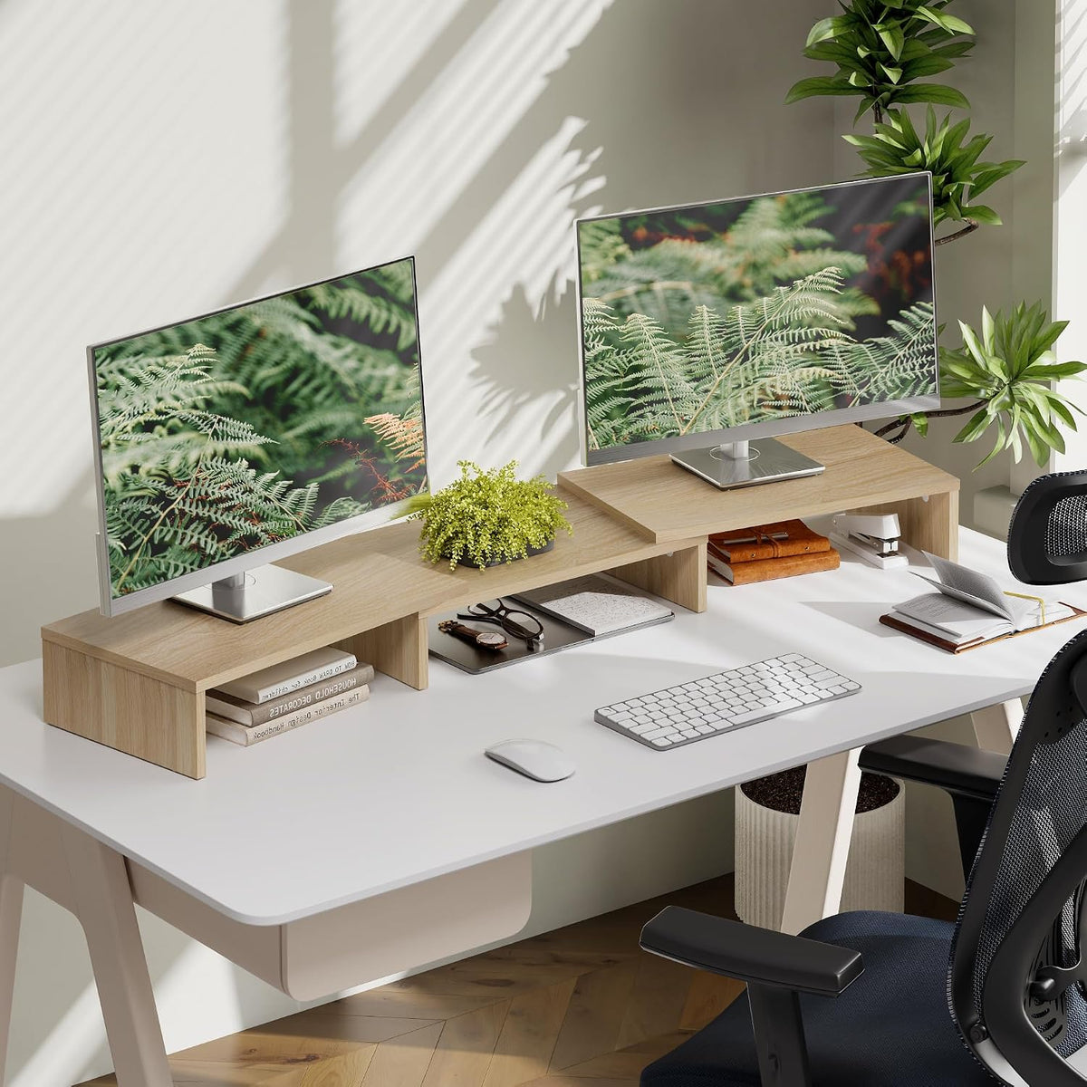 fitueyes dual monitor stand riser, adjustable length and on a desk or shelf