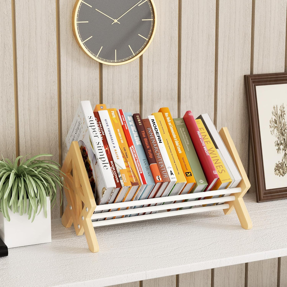Desktop Bookshelf Organizer, Wood Office Tabletop Book Storage Rack, Tilting ...