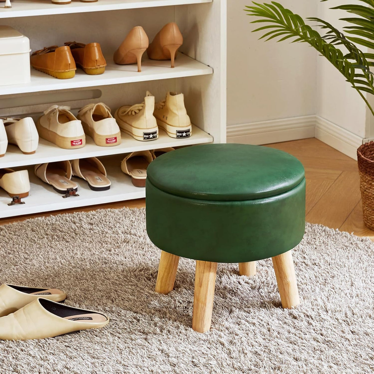 IBUYKE Small Foot Stool Ottoman with Storage, Round, Dark-Green WBD023GR
