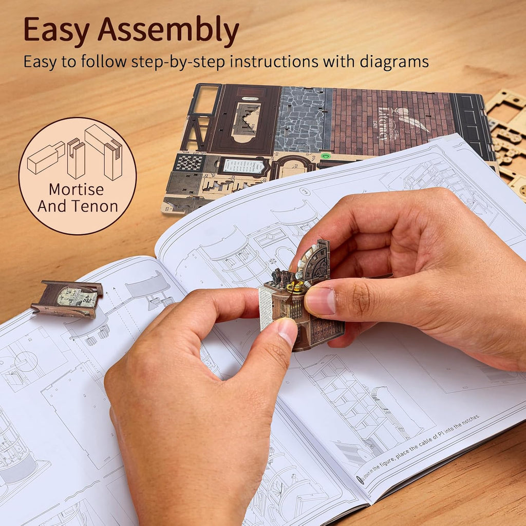 BELEEV Book Nook Kit for Adult and Teens,3D Wooden Puzzle(Hoggor Bookstore) | DIY Miniature Dollhouse Kit with LED Light, Openable Door Booknook Bookshelf Decor Craft, Birthday Gifts for Women Teens