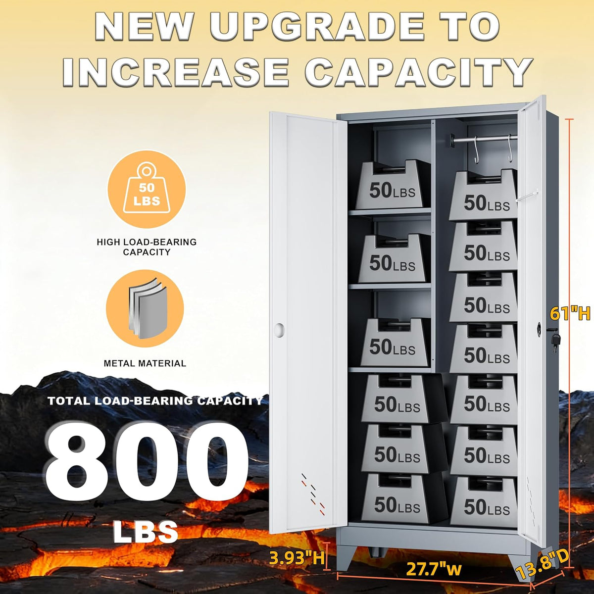 61" metal garage storage cabinet with lock, broom shown in use