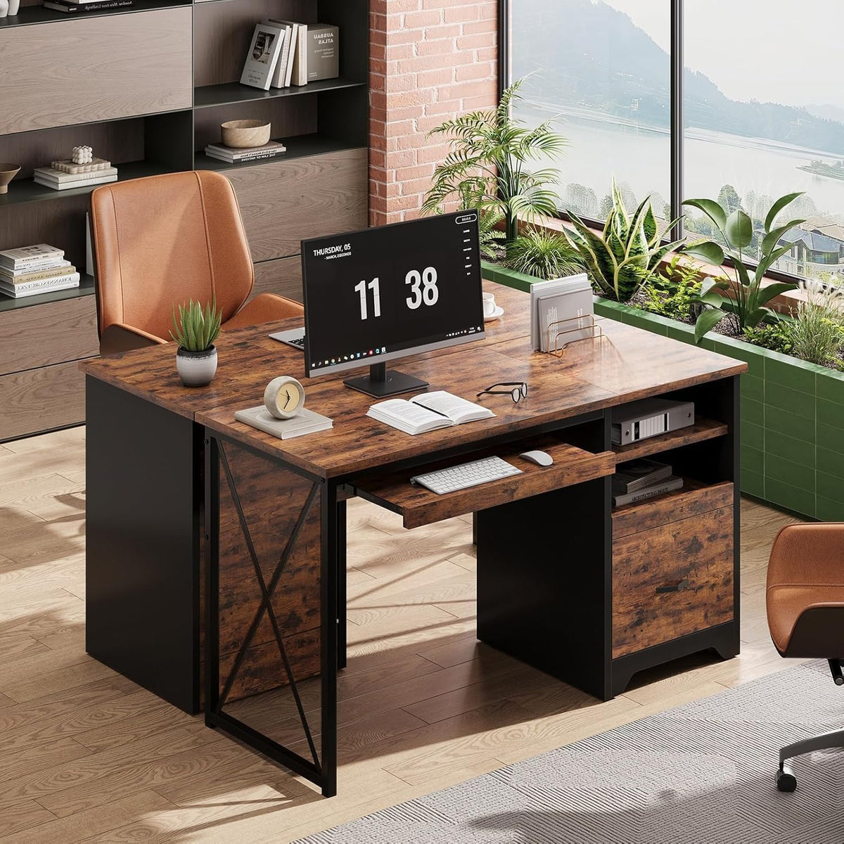 Bestier 47" Computer Desk with Drawers, Home Office Desk with Keyboard T...