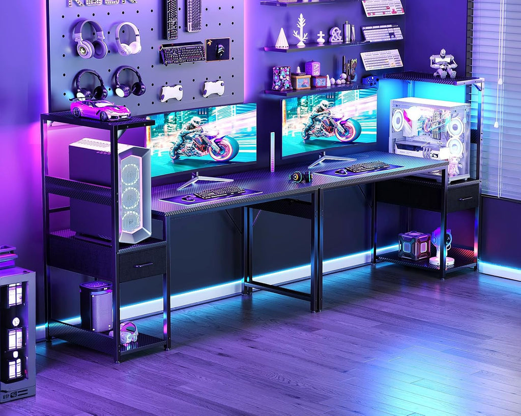 Casaottima 48'' Gaming Desk with LED Lights & CPU Stand, Reversible Computer Desk with Storage Shelves & Fabric Drawer, Modern PC Gamer Table with Headphone Hook, Carbon Fiber Black