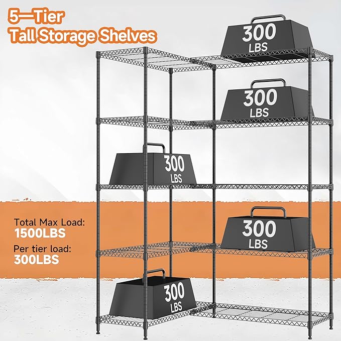 M MZG 5 Tiers Storage Shelves Load 1500LBS, Metal Shelving Wire Metal Shelving - Image 4
