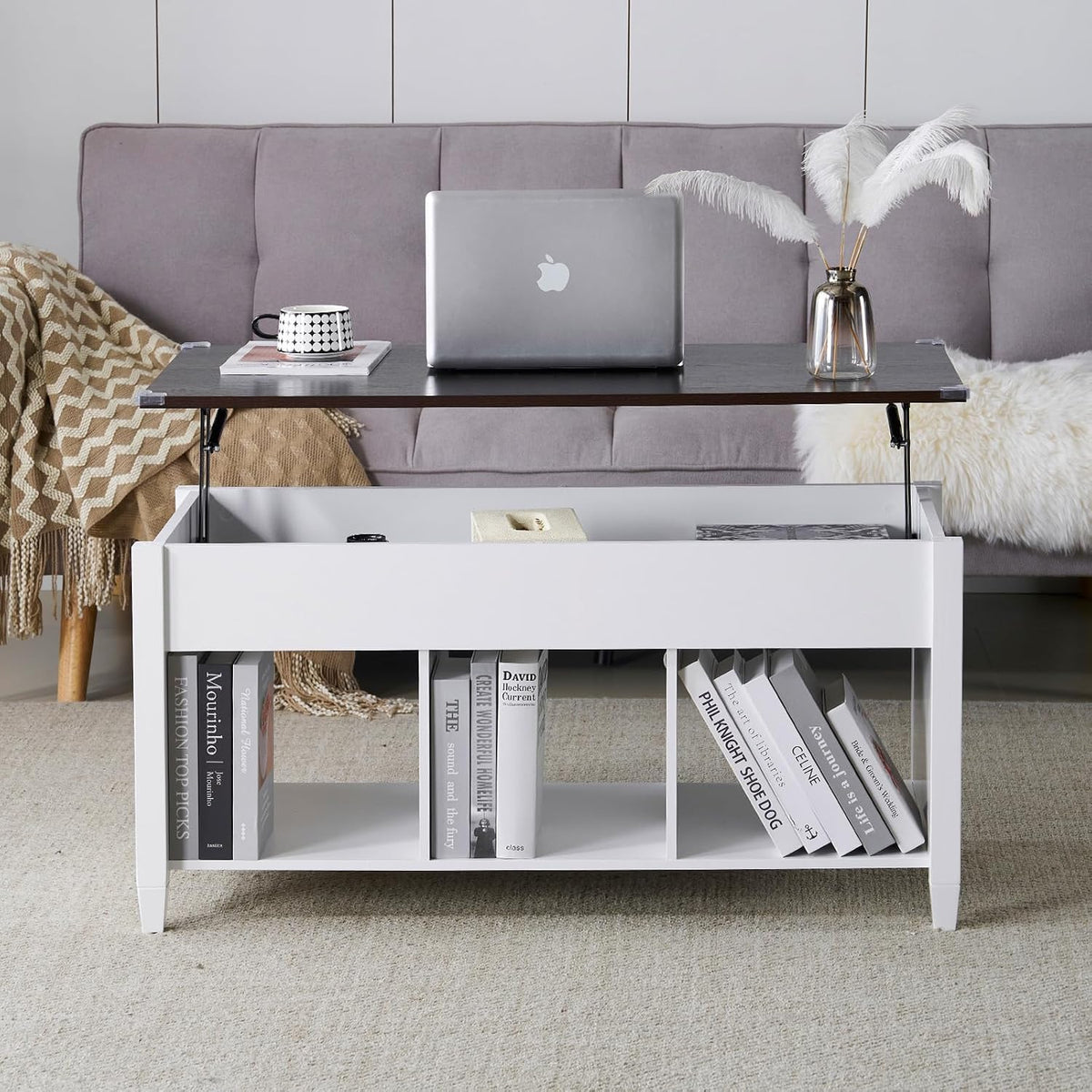 VINGLI Farmhouse Lift Top Coffee Table with Hidden Storage,40",White