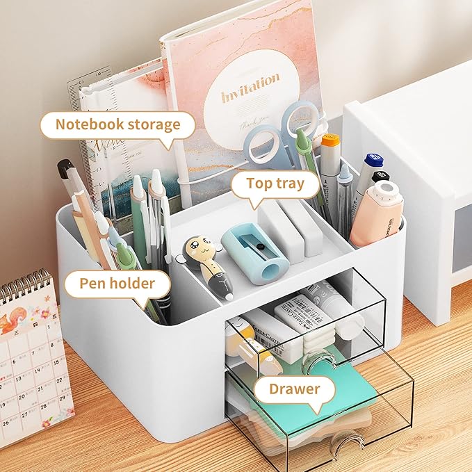 Marbrasse Pen Organizer with 2 Drawer, Desk Organizers and Accessories with 5 - Image 2