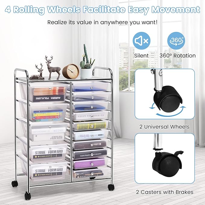 COSTWAY 15 Drawer Rolling Storage Cart, Utility Tools Paper Organizer on Wheels - Image 6