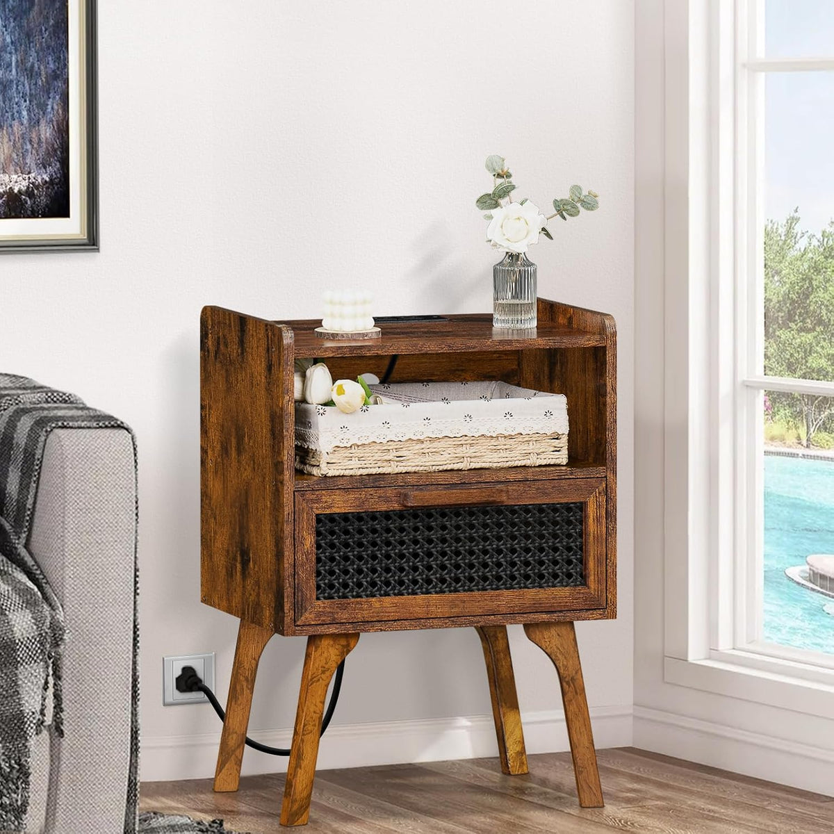 Lerliuo Rattan Nightstand with Charging Station, Side Table with Drawer